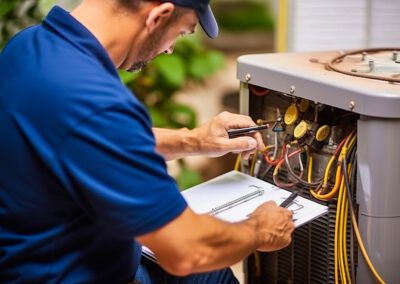 Technicien CVC inspectant minutieusement un climatiseur domestique avec une tablette dans un intérieur à l’ambiance professionnelle