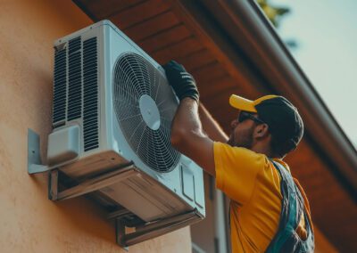 Technicien en chemise jaune réparant une climatisation extérieure