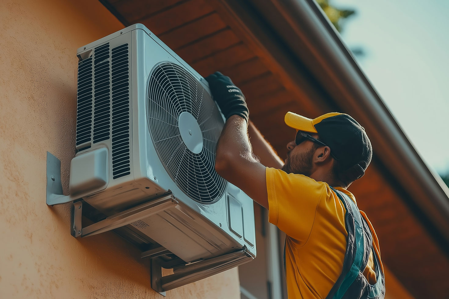 Technicien en chemise jaune réparant une climatisation extérieure