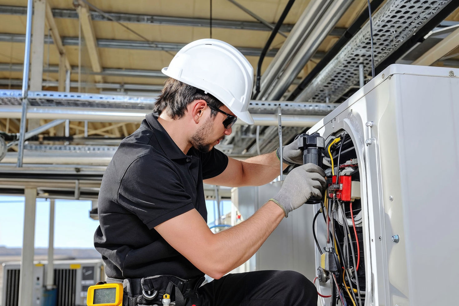 Homme avec casque blanc travaillant sur un équipement